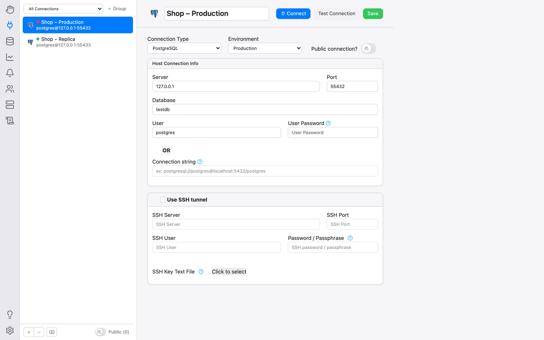 The Connections section with the connection form