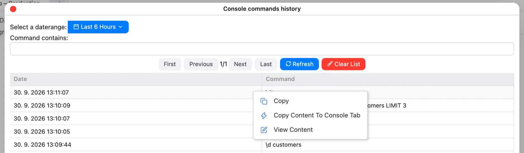 The Console commands history window
