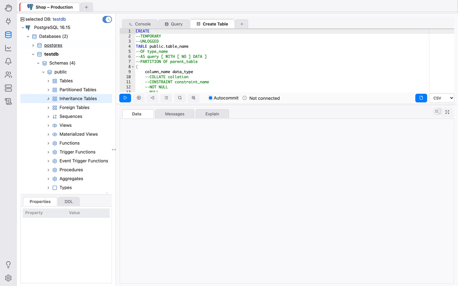 A Query tab with the CREATE TABLE template