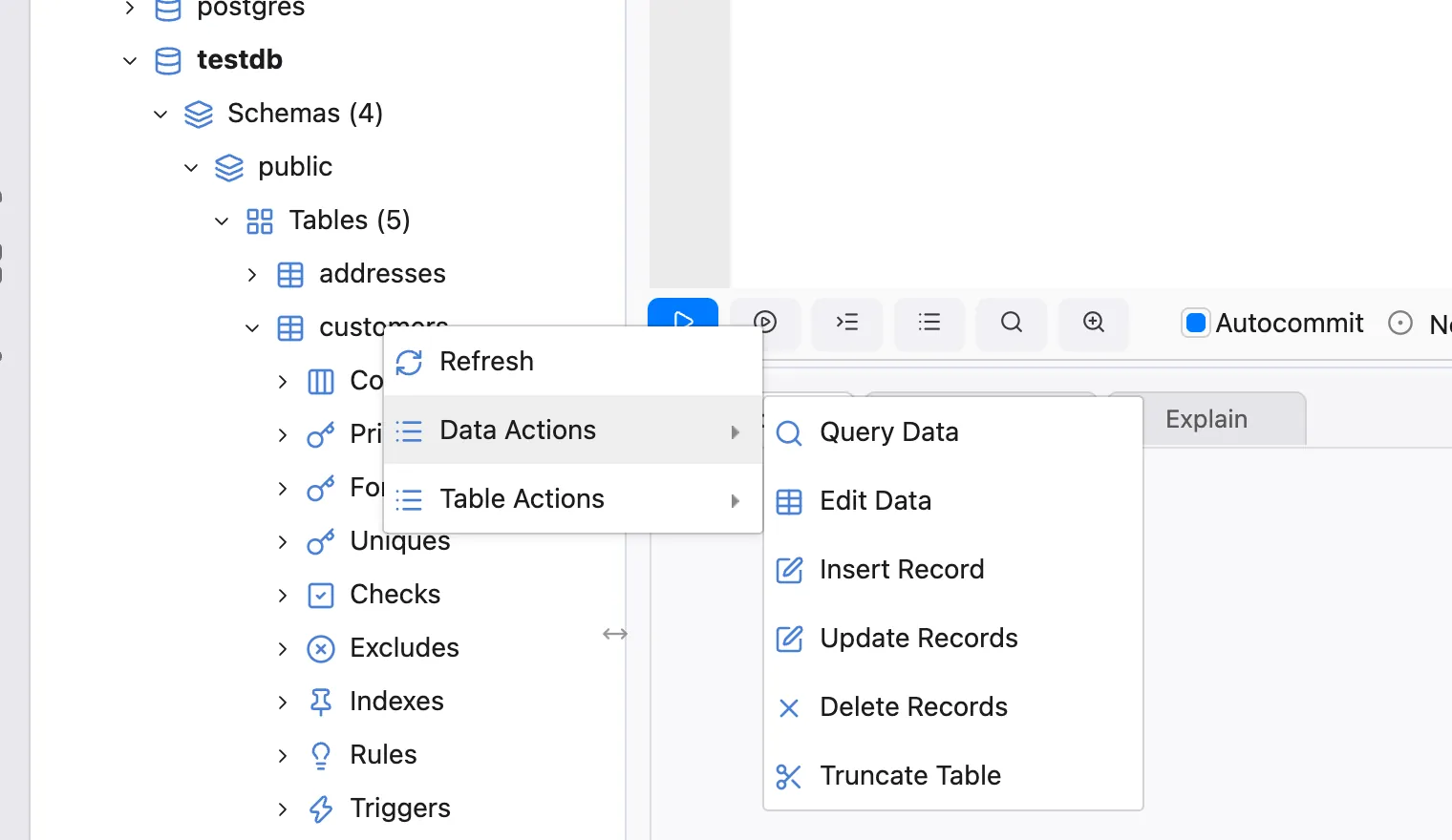 The Data Actions submenu of a table