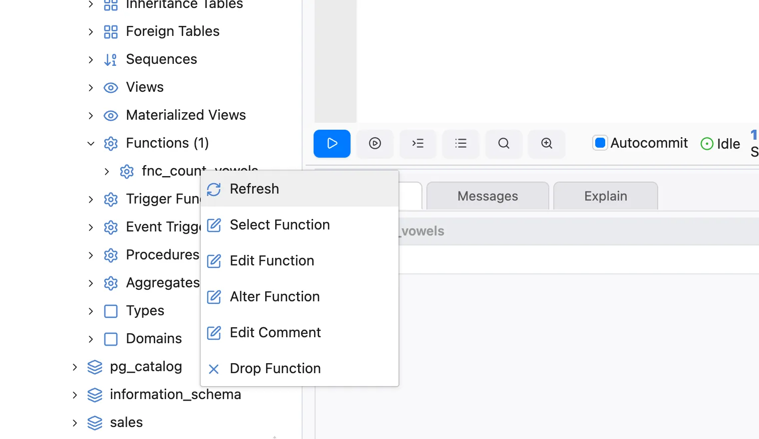 The context menu of a function