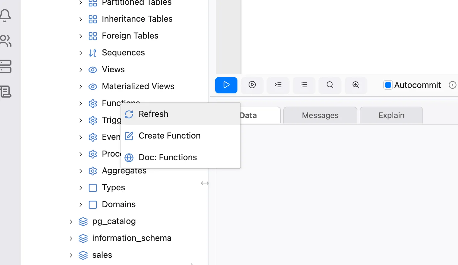 The context menu of the Functions node