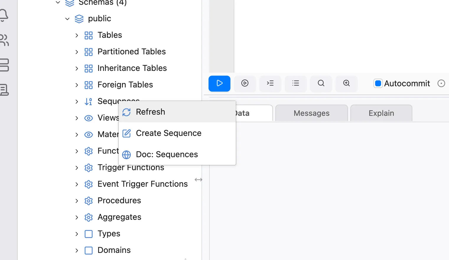 The context menu of the Sequences node
