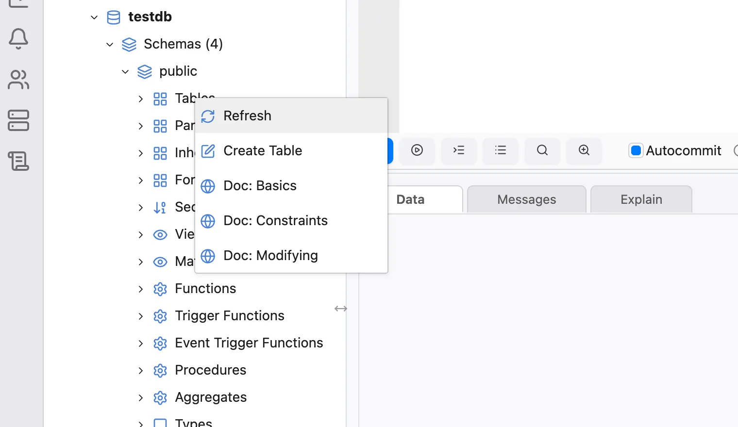 The context menu of the Tables node, with the Doc links