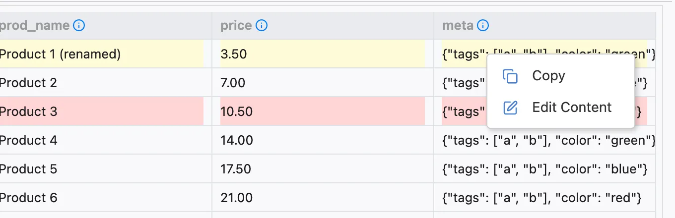 The cell context menu of the Edit Data grid
