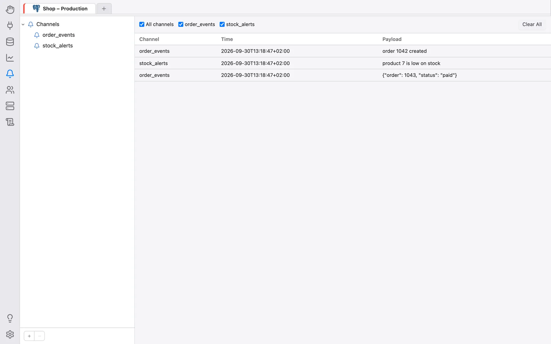 The Notify section with received messages