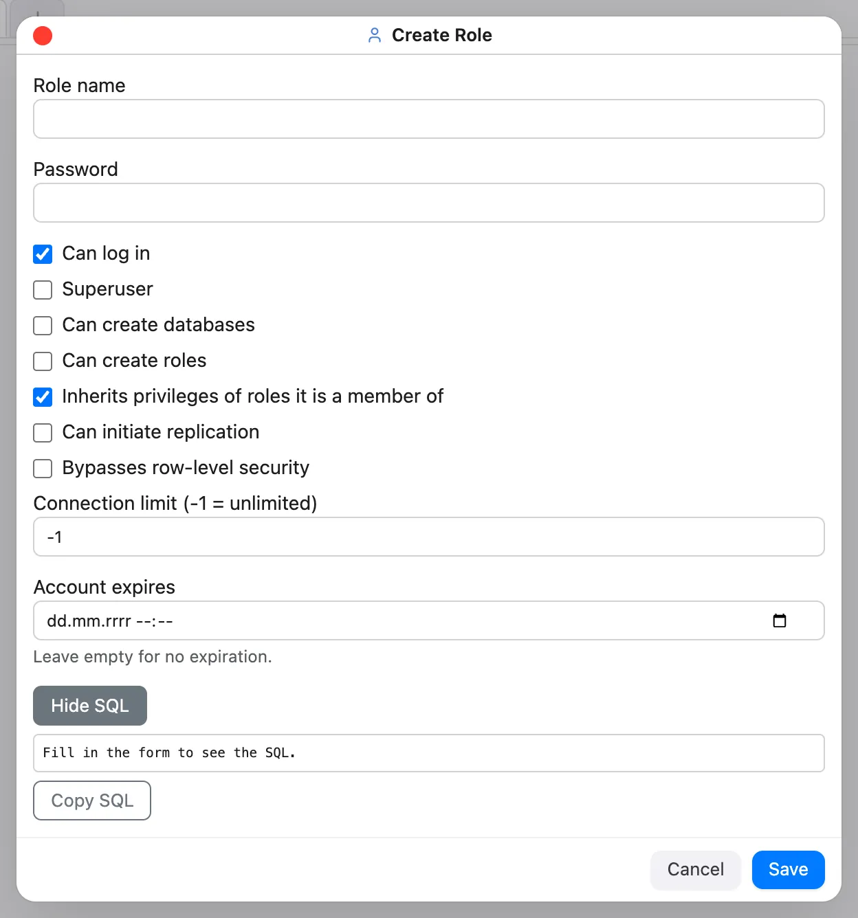 The Create Role dialog with the SQL preview