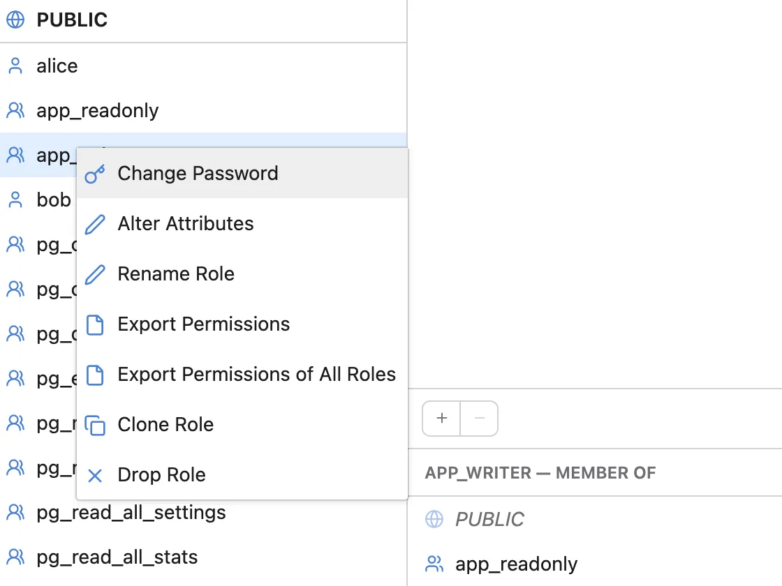 The context menu of a role