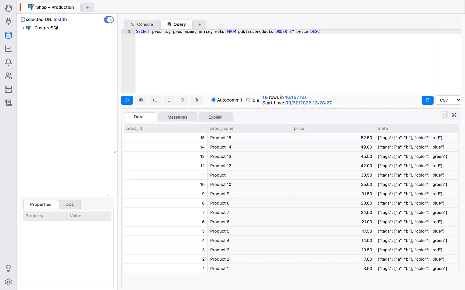 A Query tab with the SQL editor, toolbar and results