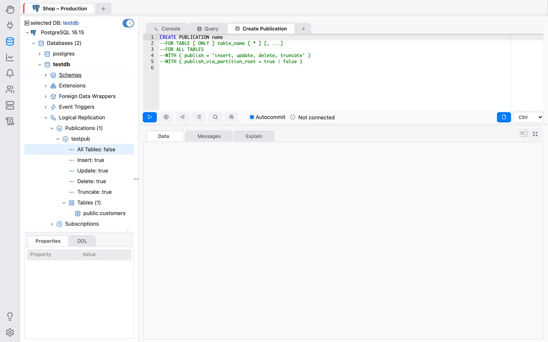 The CREATE PUBLICATION template