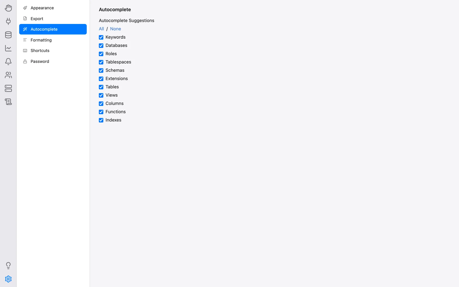Settings, Autocomplete category