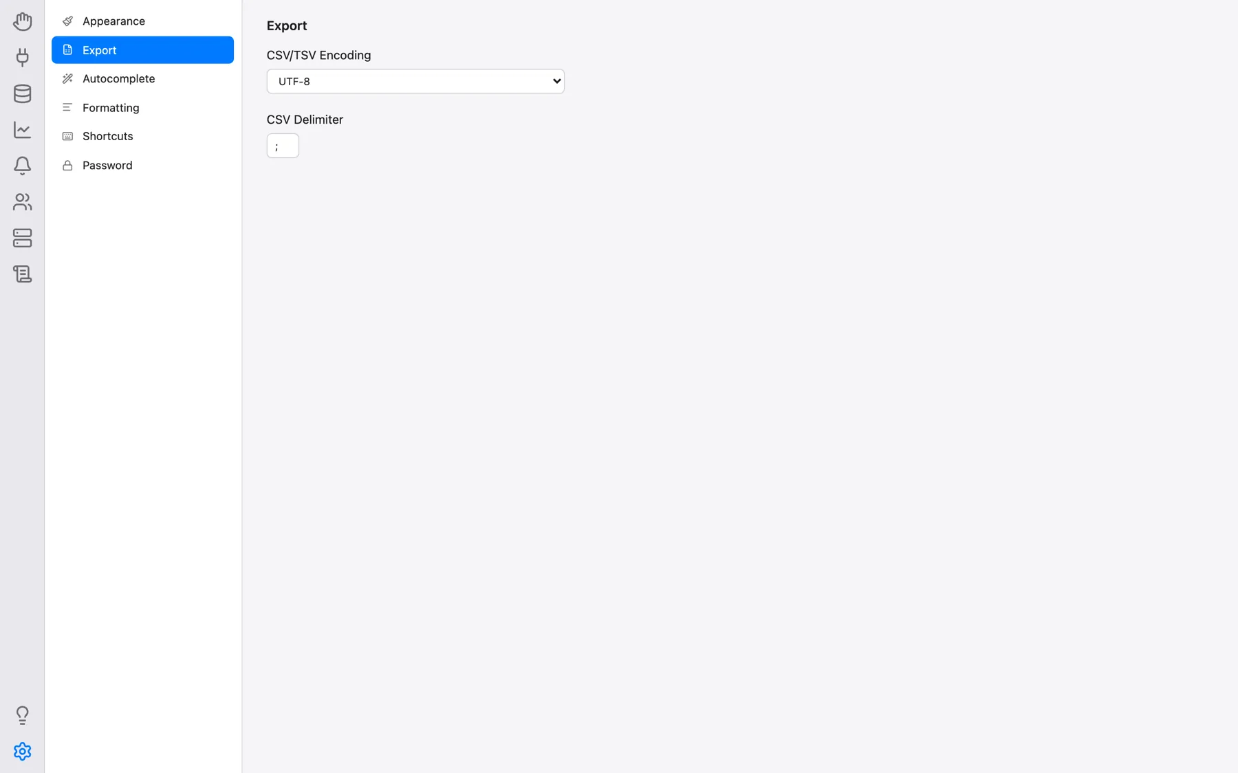 Settings, Export category