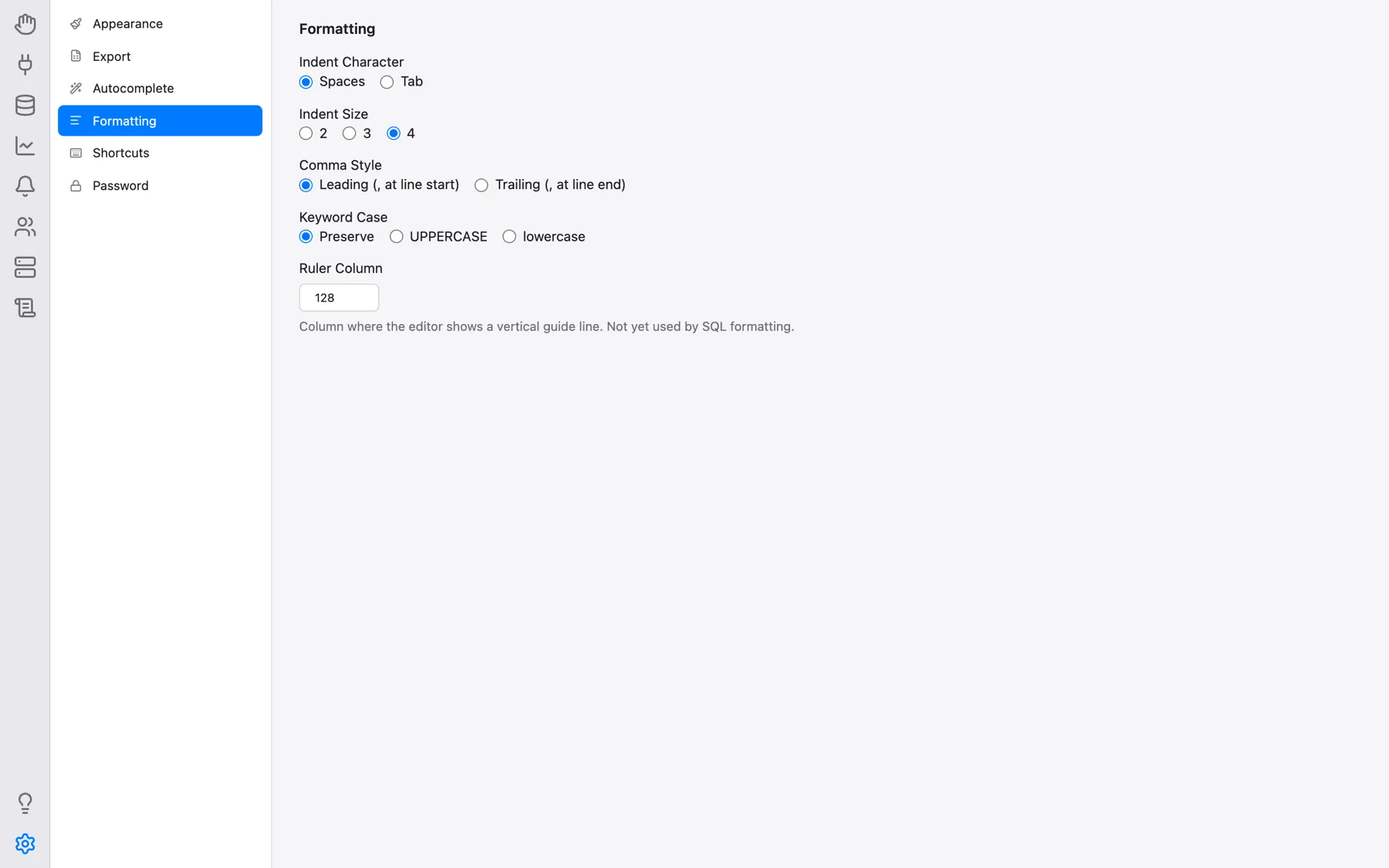 Settings, Formatting category