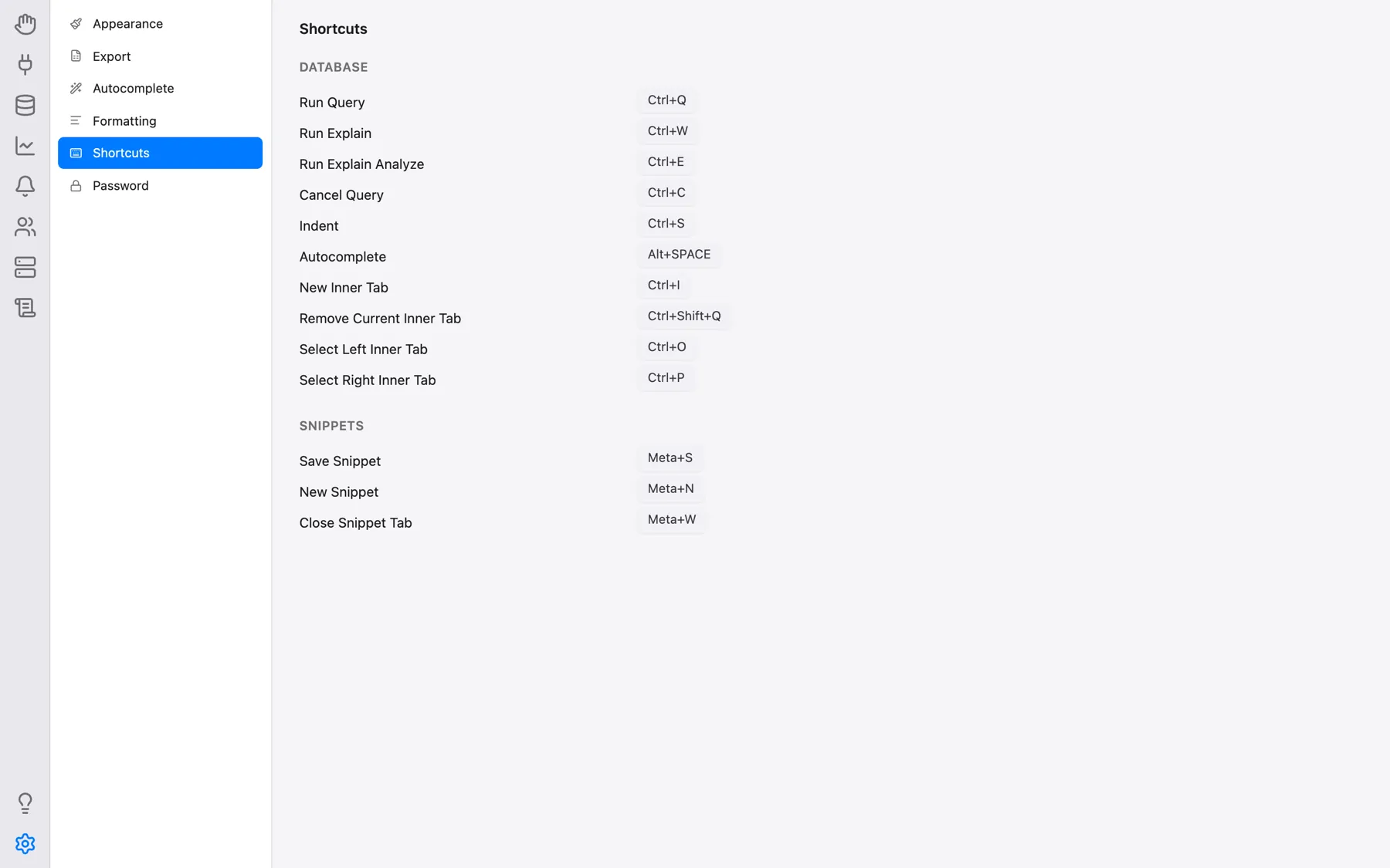 Settings, Shortcuts category