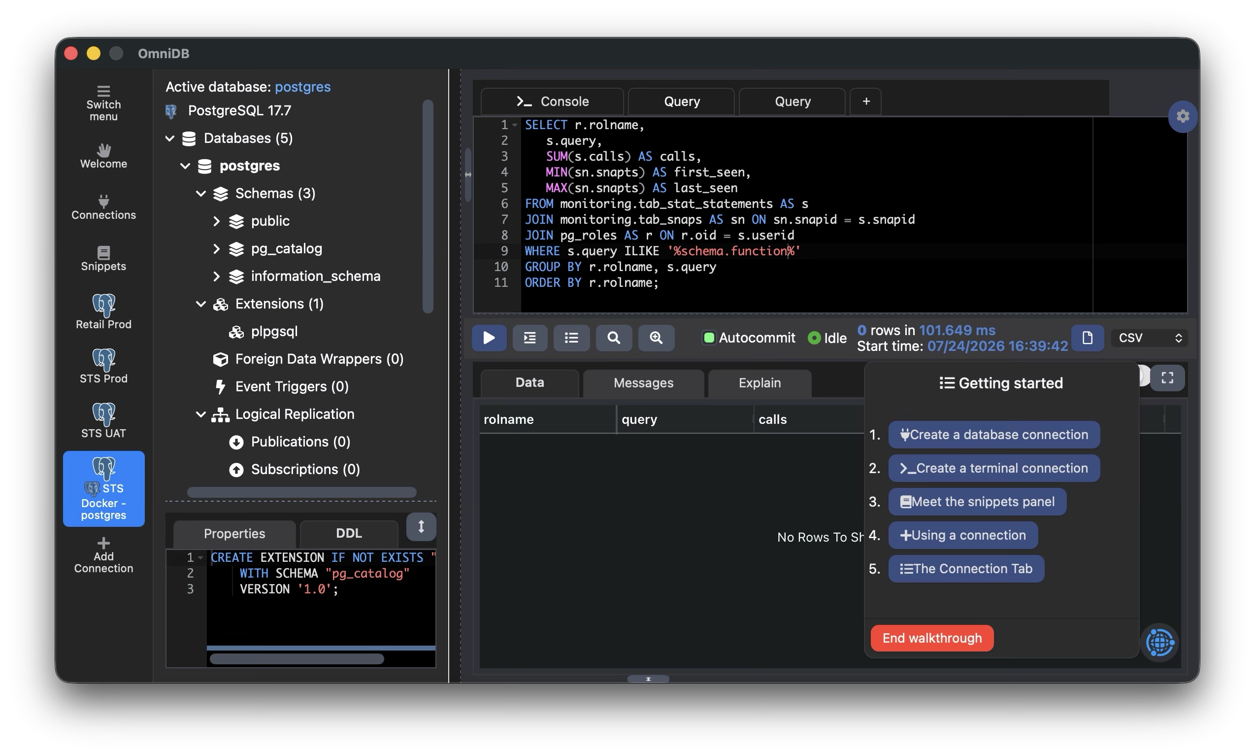 OmniDB workspace in dark theme